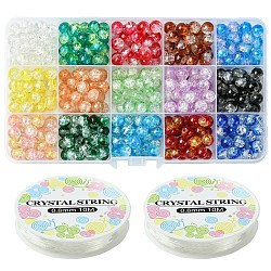 DIY Bracelets Makings, with Baking Paint Crackle Glass Round Beads, Crystal String Bead Cord and Plastic Bead Storage Containers, Mixed Color, 8mm, Hole: 1.3~1.6mm, about 450pcs/box(DIY-YW0001-38)