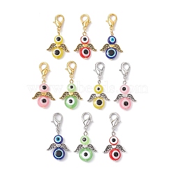 Ecil Eye Angel Resin Pendant Decorations, with Zinc Alloy Lobster Claw Clasps, Mixed Color, 41mm, 10pcs/set(HJEW-JM01514)