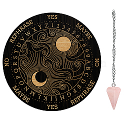 AHADEMAKER 1Pc Cone/Spike/Pendulum Natural Rose Quartz Stone Pendants, 1Pc 304 Stainless Steel Cable Chain Necklaces, 1Pc PVC Custom Pendulum Board, Dowsing Divination Board, Moon Pattern, Board: 200x4mm(DIY-GA0004-32I)