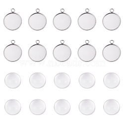 304 Stainless Steel Pendant Cabochon Settings and Clear Half Round Glass Cabochon, Flat Round, Stainless Steel Color, Settings: 21.5x18x2mm, Hole: 2.2mm, Cabochon: 16x8mm, 2pcs/set(STAS-X0017-12P-16mm)
