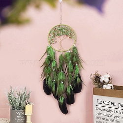 Woven Net/Web with Feather Pendant Decorations, with Plastic Beads and Gemstone Chips Flat Round with Tree of Life, for Home Decorations, 700x161mm(TREE-PW0003-17)