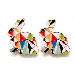 Alloy Enamel Brooches, Enamel Pin, with Brass Butterfly Clutches, Rabbit, Light Gold, Cadmium Free & Nickel Free & Lead Free, Colorful, 34x27x2mm, Pin: 1mm(JEWB-N006-066-NR)