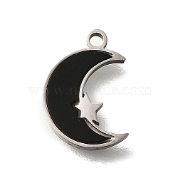 304 Stainless Steel Moon with Star Charms, with Black Plastic Imitation Shell, Stainless Steel Color, 12x8x1.5mm, Hole: 1.2mm(STAS-Q348-20P)