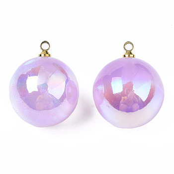 ABS Plastic Imitation Pearl Pendants, with Golden Brass Findings, AB Color Plated, Round, Medium Orchid, 19.9x16mm, Hole: 1.5mm