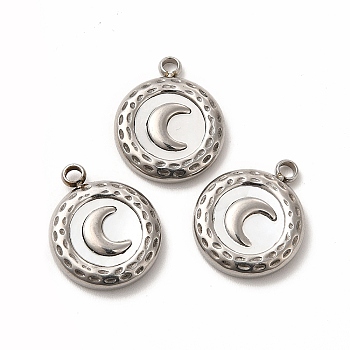 Natural White Shell Flat Round Charms, with 304 Stainless Steel Findings, Moon Pattern, Stainless Steel Color, 16x13x3mm, Hole: 1.8mm