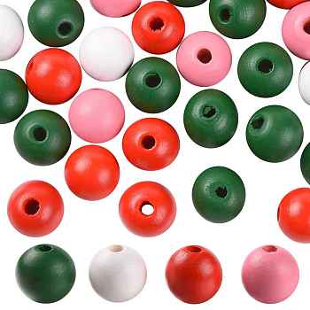 160Pcs 4 Colors Farmhouse Country and Rustic Style Painted Natural Wood Beads, with Waterproof Vacuum Packing, Round, Dark Green & Red & Pink & White, 16mm, Hole: 4mm, 40pcs/color