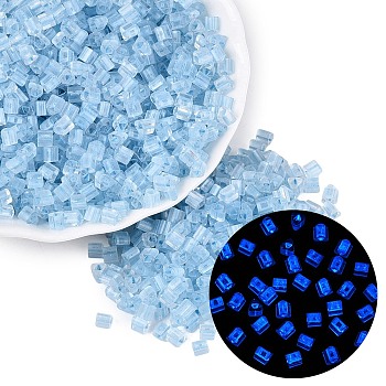 FGB Grade A Frosted Glass Seed Beads, Triangle, Luminous Glow in the Dark, Center Dyed, Light Sky Blue, 3.5x3.5x3.5mm, Hole: 1.2~1.4mm, about 7500pcs/pound