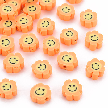 Handmade Polymer Clay Beads, Flower with Smiling Face, Sandy Brown, 9~10x8~9x4~5mm, Hole: 1.4~1.6mm