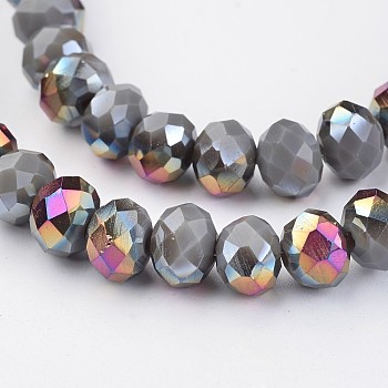 Electroplate Glass Beads Strands,  Half Plated, Faceted Rondelle, Gray, 8x6mm, Hole: 1mm, about 70pcs/strand, 15 inch