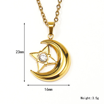 Retro Titanium Steel Clear Cubic Zirconia Moon Pendant Cable Chain Necklaces for Women, Golden