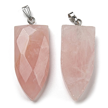 Natural Rose Quartz Pointed Pendants, Faceted Bullet Charms with Platinum Tone 201 Stainless Steel Snap on Bails, 42~42.5x17.5~18.5x8~8.5mm, Hole: 8.2x3mm