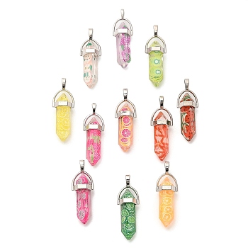 Fruit Theme Epoxy Resin Pendants, with Polymer Clay inside and Alloy Finding, Faceted, Bullet Shape, Mixed Color, 40x13.5x10mm, Hole: 6x3.5mm