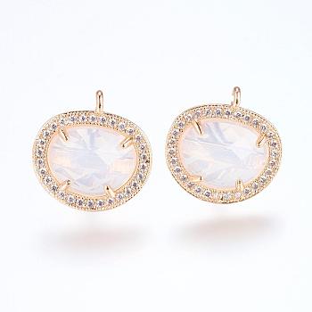 Brass Micro Pave Cubic Zirconia Stud Earring Findings, with Loop, Glass, Imitation Opalite, Oval, Golden, White, 16.5mm, Hole: 1mm, Pin: 0.8mm