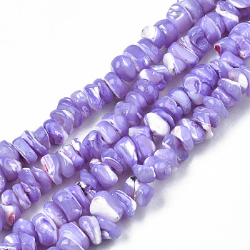 Natural Freshwater Shell Beads Strands, Dyed, Nuggets Chips, Lilac, 2.5~5.5x6~17.5x5~8mm, Hole: 0.8mm, about 92~112pcs/strand, 13.98 inch~16.14 inch(35.5~41cm)