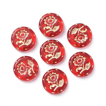 Plating Acrylic Beads, Metal Enlaced, Flat Round with Flower, Red, 18x5mm, Hole: 1.6mm, about 399pcs/500g