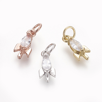 Brass Micro Pave Cubic Zirconia Charms, Long-Lasting Plated, Rocket, Clear, Mixed Color, 12x5.5x3.7mm, Hole: 3.5mm