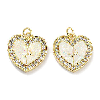 Brass Micro Pave Clear Cubic Zirconia Pendants, with Synthetic Opal and Jump Rings, Real 18K Gold Plated, Heart Charms, White, 20.5x19x2.5mm, Hole: 3mm