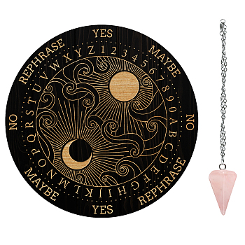 AHADEMAKER 1Pc Cone/Spike/Pendulum Natural Rose Quartz Stone Pendants, 1Pc 304 Stainless Steel Cable Chain Necklaces, 1Pc PVC Custom Pendulum Board, Dowsing Divination Board, Moon Pattern, Board: 200x4mm