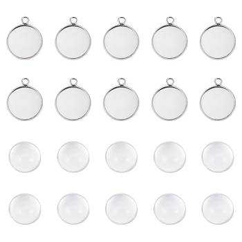 304 Stainless Steel Pendant Cabochon Settings and Clear Half Round Glass Cabochon, Flat Round, Stainless Steel Color, Settings: 21.5x18x2mm, Hole: 2.2mm, Cabochon: 16x8mm, 2pcs/set