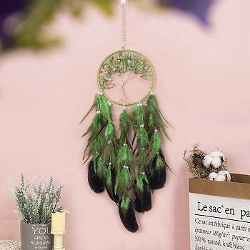 Woven Net/Web with Feather Pendant Decorations, with Plastic Beads and Gemstone Chips Flat Round with Tree of Life, for Home Decorations, 700x161mm