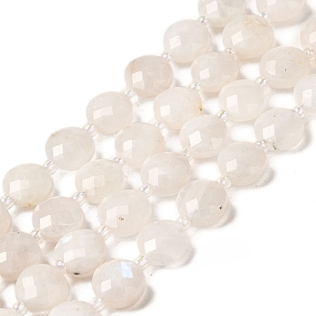 Natural Rainbow Moonstone Beads Strands, Faceted, Flat Round, with Seed Beads, 10.5x6mm, Hole: 1mm, about 33pcs/strand, 15.47''(39.3cm)