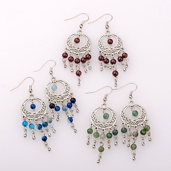Trendy Dangling Gemstone Earrings, with Alloy Findings and Brass Earrings Hooks, Antique Silver, Mixed Stone, 70mm, Pin: 0.6mm