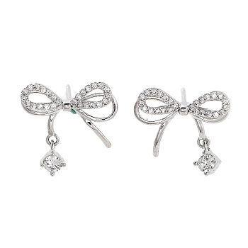 Left and Right Bowknot Brass Micro Pave Clear Cubic Zirconia Stud Earrings, with 925 Sterling Silver Pin, Clear, 15x15mm