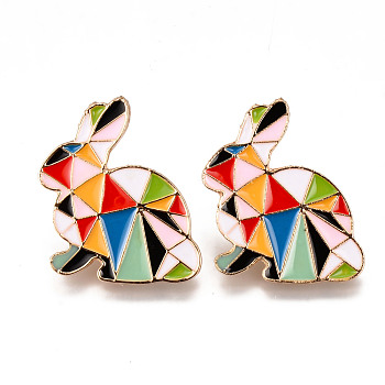Alloy Enamel Brooches, Enamel Pin, with Brass Butterfly Clutches, Rabbit, Light Gold, Cadmium Free & Nickel Free & Lead Free, Colorful, 34x27x2mm, Pin: 1mm