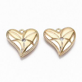 Brass Micro Pave Clear Cubic Zirconia Pendants, Nickel Free, Real 18K Gold Plated, Heart, Clear, 14x15x2mm, Hole: 1mm