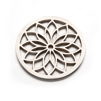 Flat Round with Flower 304 Stainless Steel Beads, Stainless Steel Color, 35mm, Hole: 2mm
