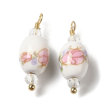 Handmade Porcelain Pendants, with Brass Findings, Real 18K Gold Plated, Barrel with Flower Pattern, Pink, 22.5x8mm, Hole: 1.8mm