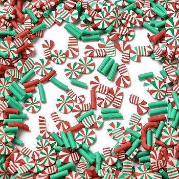 Christmas Theme Handmade Polymer Clay Cabochons, for Nail Art Decoration, Candy Cane & Column & Round Candy, Mixed Color, 1~28x1~6x0.5~1.5mm, about 3703pcs/100g