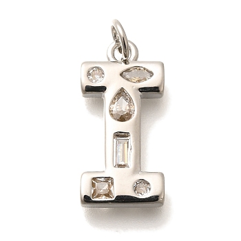 Brass Micro Pave Clear Cubic Zirconia Pendants, with Jump Ring, Lead Free and Cadmium Free, Long-Lasting Plated, Rack Plating, Letter Charms, Platinum, Letter I, 20x9.5x2.7mm, jump ring: 5x1mm, 3mm inner diameter.