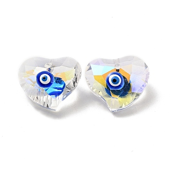 Transparent Glass Beads, with Enamel, Faceted, Heart with Evil Eye Pattern, Blue, 15.5x18.5x10mm, Hole: 1.6mm