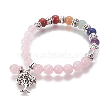 Chakra Jewelry, Natural Rose Quartz Bracelets, with Metal Tree Pendants, 50mm(BJEW-I273-A09)