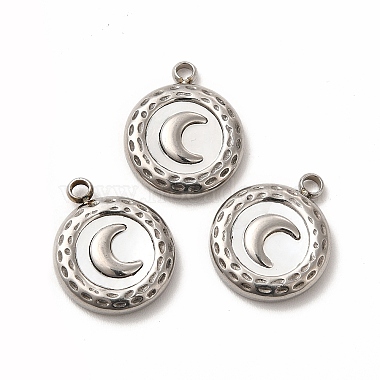 Stainless Steel Color White Flat Round White Shell Charms
