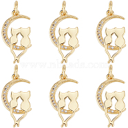 Brass Micro Pave Clear Cubic Zirconia Pendants, Long-Lasting Plated, with Jump Rings, Moon with Couple Cat, Real 18K Gold Plated, 19x10x2mm, Hole: 2mm, 8pcs/box(ZIRC-BBC0002-47)