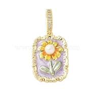 Brass Enamel Pendants, with Natural Freshwater Pearls and Brass Micro Pave Cubic Zirconia Clasp, Rectangle with Flower Charm, Lilac, 26x18x7mm, Hole: 8x5mm(KK-F886-01G-09)