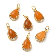 Natural Yellow Jade Teardrop Charms, with Rack Plating Brass Micro Pave Clear Cubic Zirconia Findings and Jump Ring, Cadmium Free & Lead Free, Real 18K Gold Plated, 13.5x8x5.5mm, Hole: 3.5mm(G-A034-01G-02)