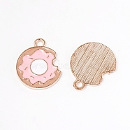 Alloy Enamel Pendants, Doughnut, Imitation Food, Pink, Light Gold, 18.5x15.5x1.5mm, Hole: 1.5mm(CD-TAC0001-13KCG)