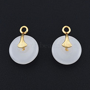 Glass Pendants, with Brass Findings, Nickel Free, Real 14K Gold Plated, Flat Round, Creamy White, 16.5x12x6.5mm, Hole: 2mm(KK-N259-28)