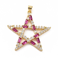 Rack Plating Brass Micro Pave Cubic Zirconia Pendants, Real 18K Gold Plated, Long-Lasting Plated, Lead Free & Cadmium Free, Star, Medium Violet Red, 34x34x3mm, Hole: 4x4mm(KK-E281-09G-03)