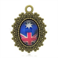 Nickel Free Antique Bronze Plated Alloy Glass Oval Pendants, Colorful, 46x35x6mm, Hole: 4mm(PALLOY-J632B-01AB-NF)