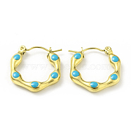 Ion Plating(IP) 304 Stainless Steel Hexagon Hoop Earrings with Enamel for Women, Golden, Deep Sky Blue, 20x19x3mm, Pin: 0.8mm(EJEW-G293-17B-G)