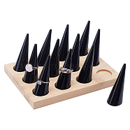 Wooden Ring Showcase Display Holder, with 12Pcs Acrylic Finger Ring Cone Shaped Display Stand, Black, 16x12x8cm(RDIS-WH0010-01)