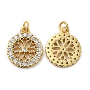 925 Sterling Silver Micro Pave Cubic Zirconia Charms, Flat Round with Flower Charm, with Jump Ring, Real 18K Gold Plated, 12.5x10.5x1.5mm, Hole: 2.3mm(STER-I010-10G)