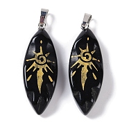 Natural Obsidian Gold Sun Pattern Pendants, Horse Eye Charms, with Rack Plating Platinum Plated Brass Snap on Bails, Lead Free & Cadmium Free, 42.5~43.5x15.5x7.5~8.5mm, Hole: 8x5mm(G-L524-14P-02)