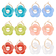 6 Pairs 6 Colors Cute Acrylic Flower Dangle Hoop Earrings, Light Gold Alloy Jewelry for Woman, Mixed Color, 36mm, Pin: 0.7mm, 1 Pair/color(EJEW-AN0003-47)