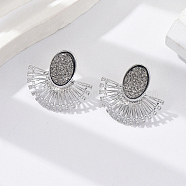Rhodium Plated Fan Shape Alloy Stud Earring for Women, Platinum, 27x30mm(MW7420-2)