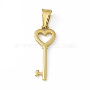 Vacuum Plating 304 Stainless Steel Pendants, Heart Shaped Key Charms, Golden, 24x9x2mm, Hole: 7.5x3.5mm(STAS-P315-01G)